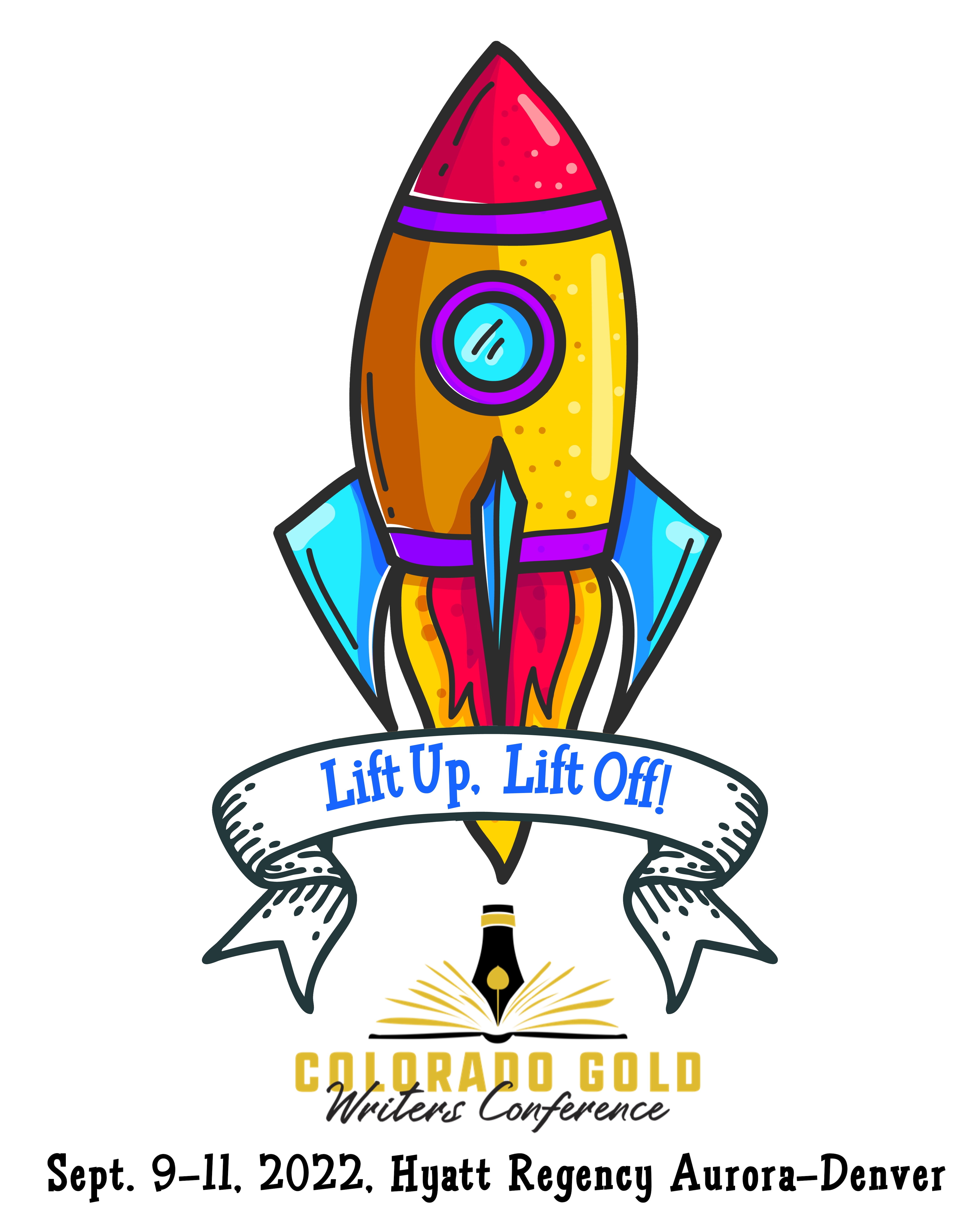 Cartoon rockets hand drawn color icon. Colorado Gold Conference Logo. Sept 9-11 2022 Hyatt Regency Aurora-Denver